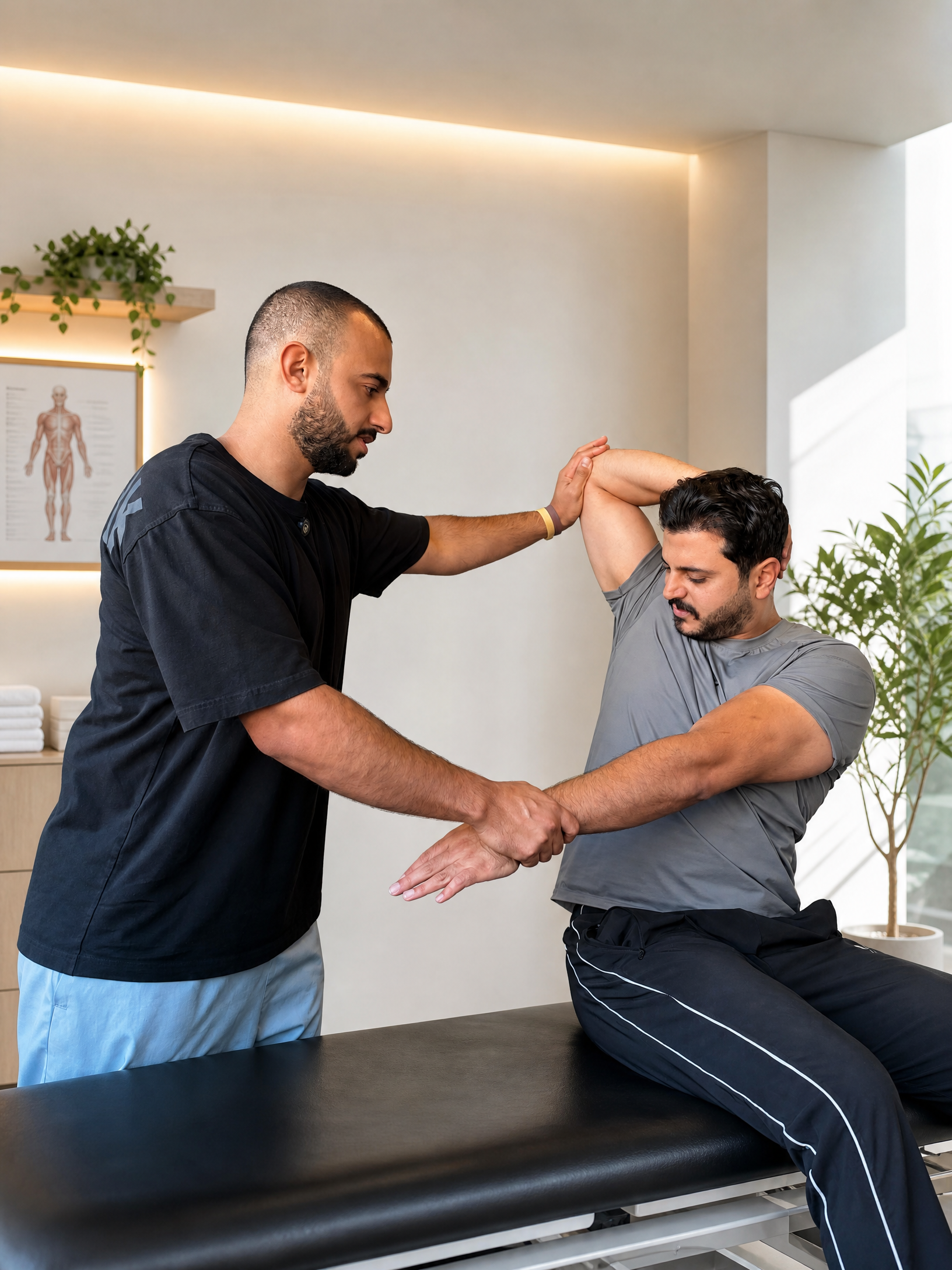 A specialist guiding a client through an assisted stretch