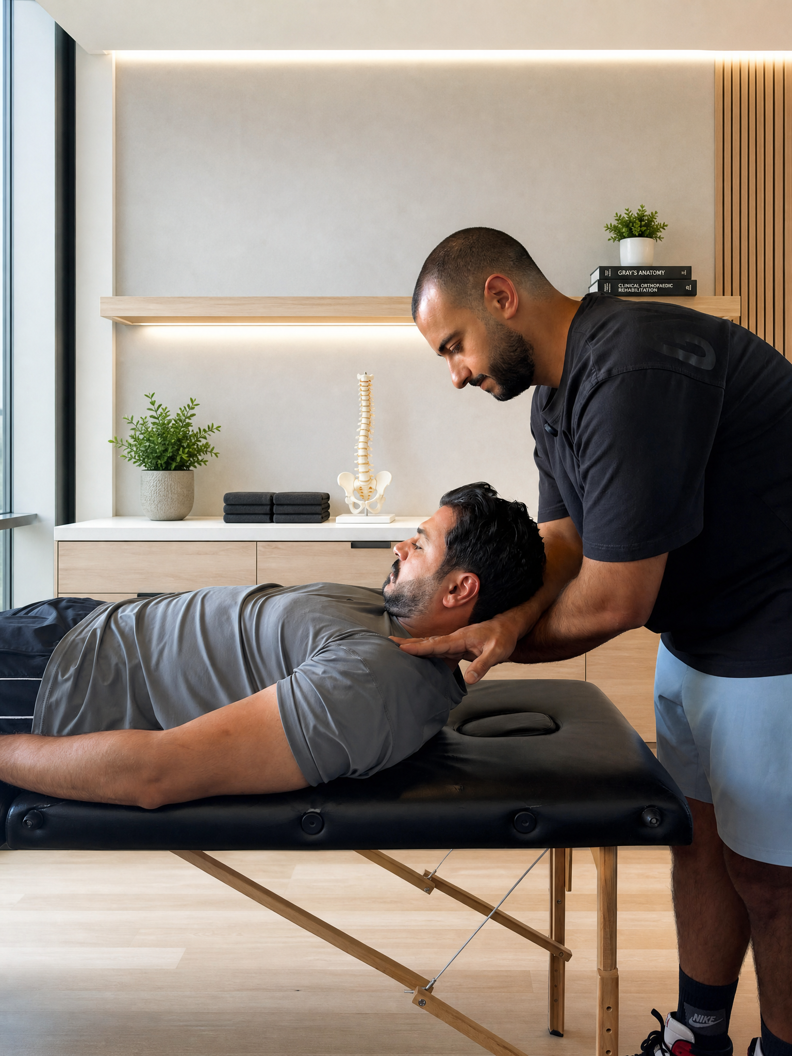 A specialist gently guiding an assisted stretch